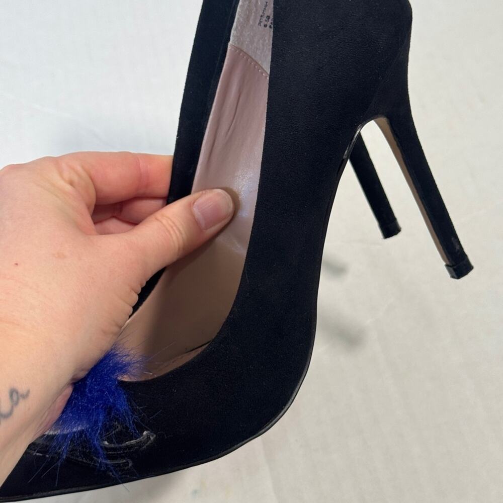 Betsey Johnson Black Eyes Blue Feather Heels Womens 6.5 Artsy Funky Unique - Picture 6 of 10